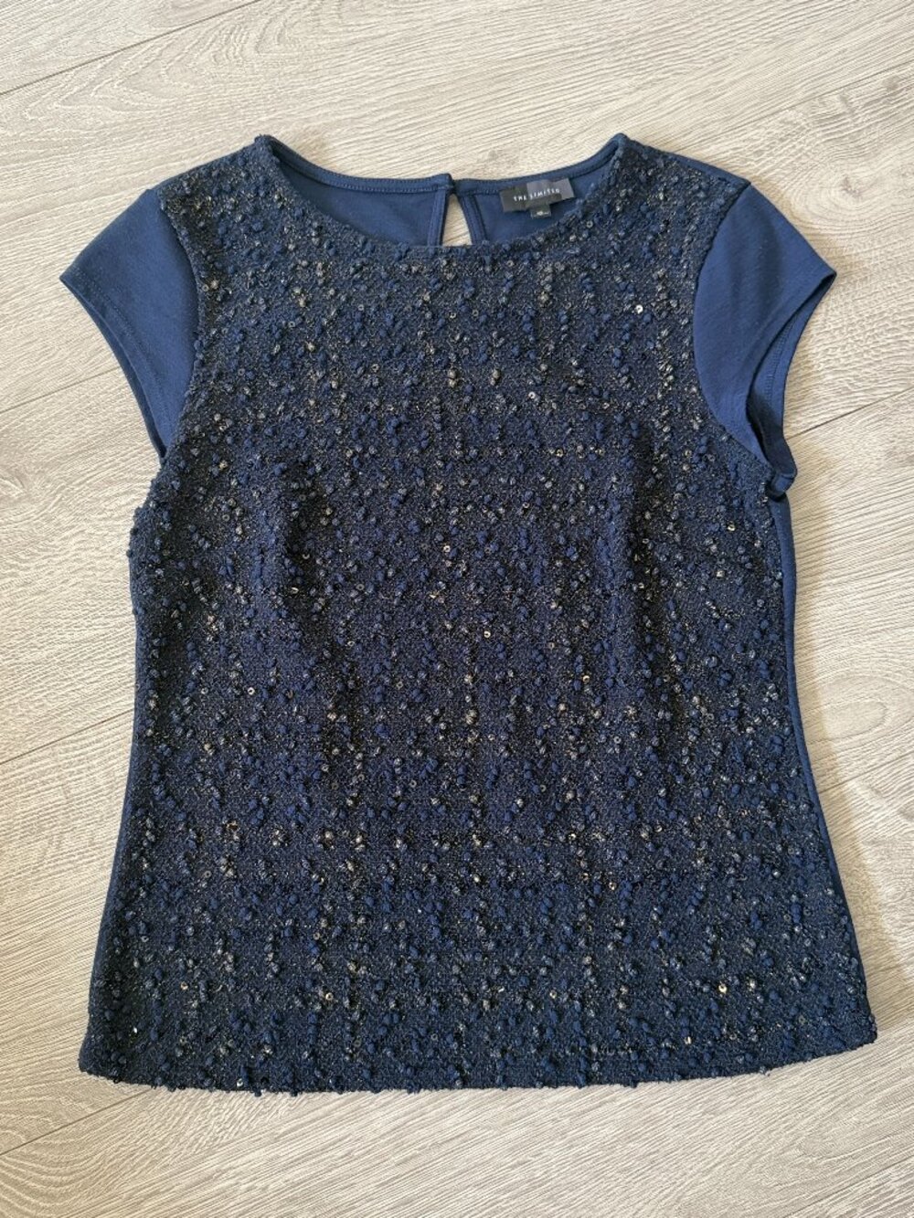The Limited Navy Blue Sequin Textured Knit Top Women’s Size XS Cap Sleeve Blouse